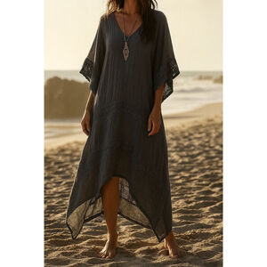 Jen’s Pirate Booty Charcoal Gray Caftan Tunic Dress Bohemian Flowy Resort Small